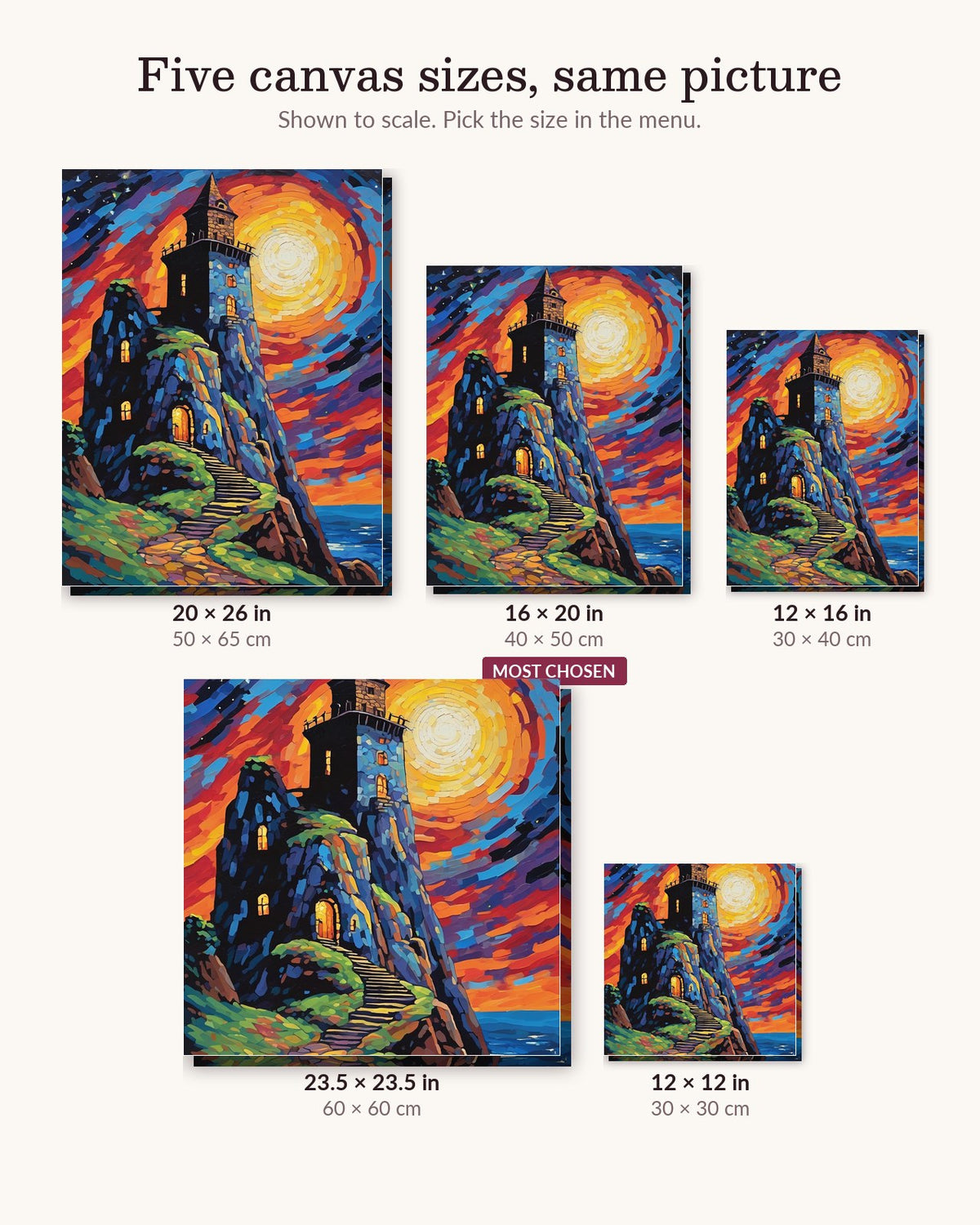 Wizard Tower Under a Glowing Moon canvas sizes from 12 x 12 to 23.5 x 23.5 inches
