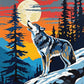 grey wolf howling at a full moon on a snowy ledge with pine trees and an orange sky, paint by numbers kit
