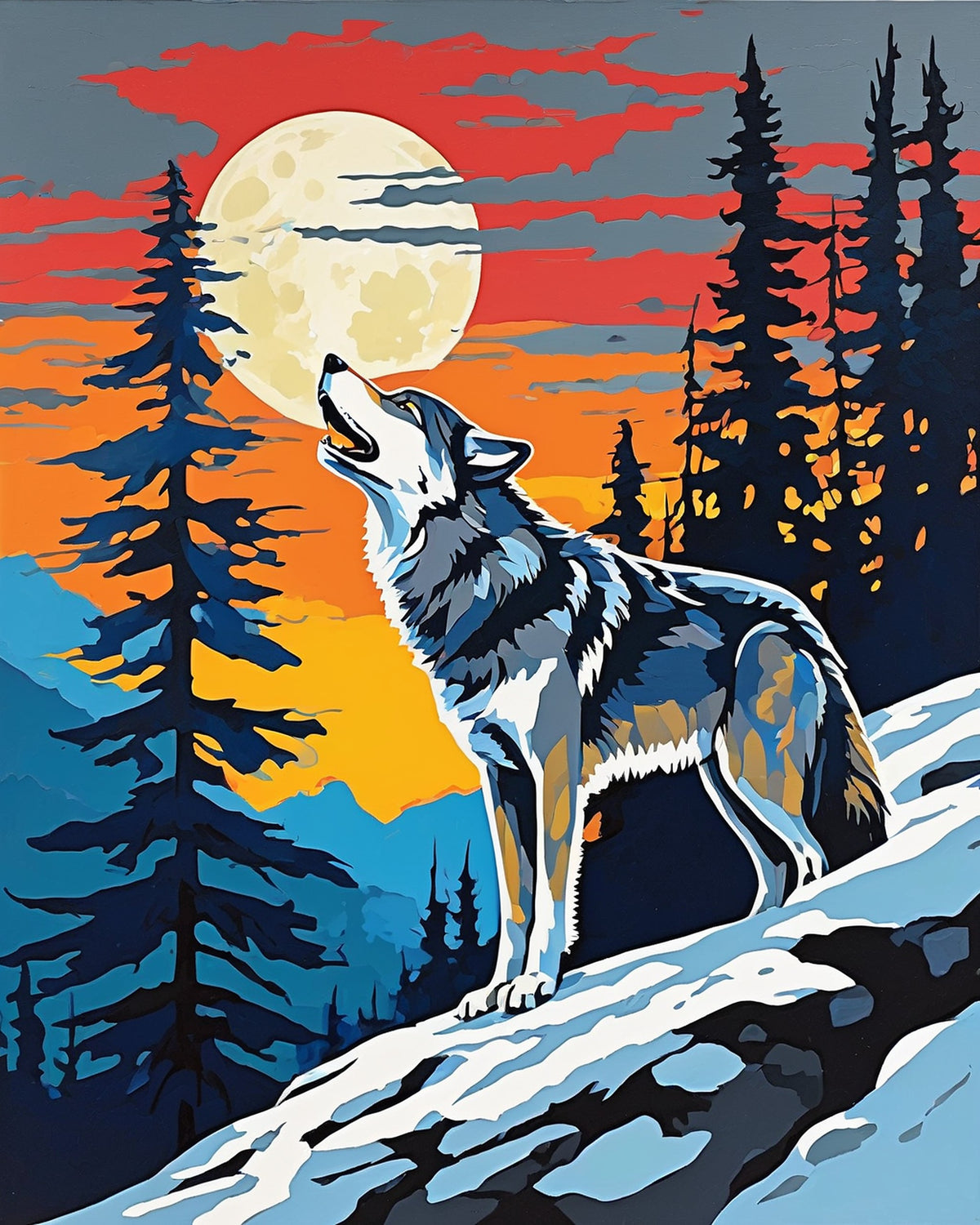 grey wolf howling at a full moon on a snowy ledge with pine trees and an orange sky, paint by numbers kit