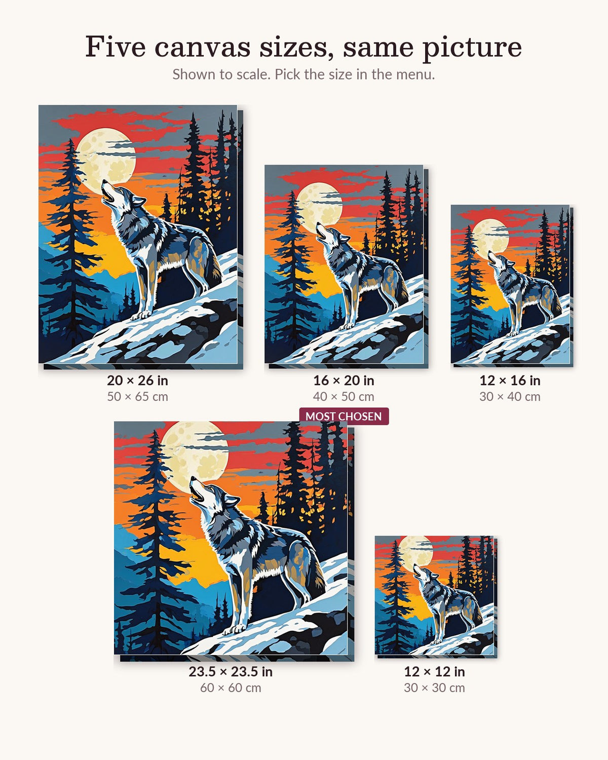 Wolf Howling at the Moon canvas sizes from 12 x 12 to 23.5 x 23.5 inches