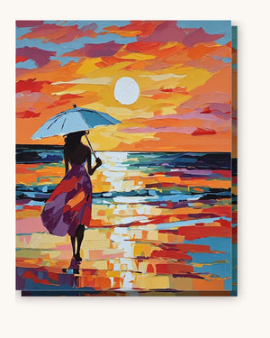 Woman with Umbrella at Sunset Beach paint by numbers kit on stretched canvas