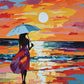 woman seen from behind with a blue umbrella walking on a beach at sunset, paint by numbers kit