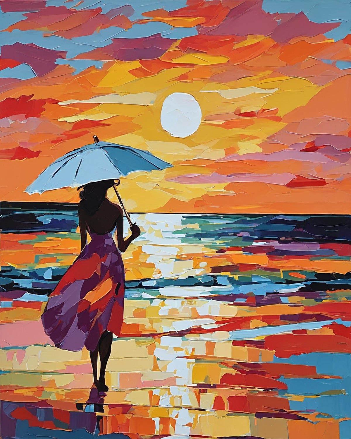 woman seen from behind with a blue umbrella walking on a beach at sunset, paint by numbers kit