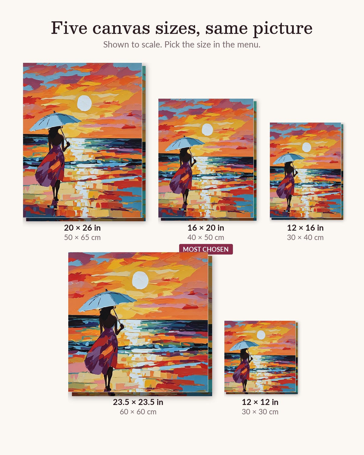 Woman with Umbrella at Sunset Beach canvas sizes from 12 x 12 to 23.5 x 23.5 inches