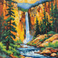 tall waterfall between yellow and orange canyon walls with pine trees and a rocky river, paint by numbers kit