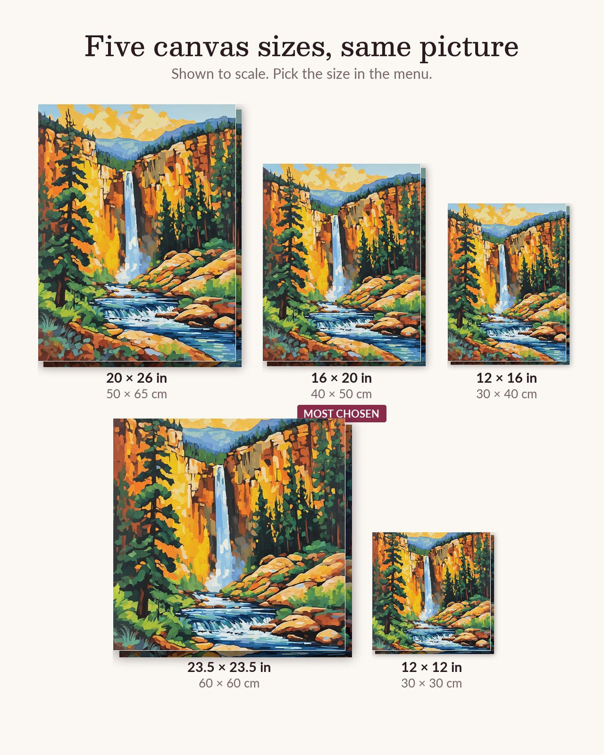 Yellowstone Canyon Waterfall canvas sizes from 12 x 12 to 23.5 x 23.5 inches