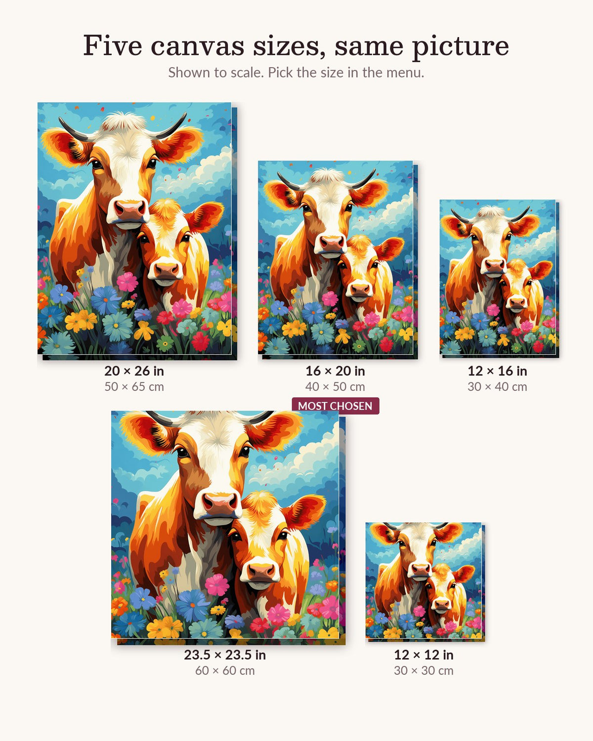 Young Cow canvas sizes from 12 x 12 to 23.5 x 23.5 inches