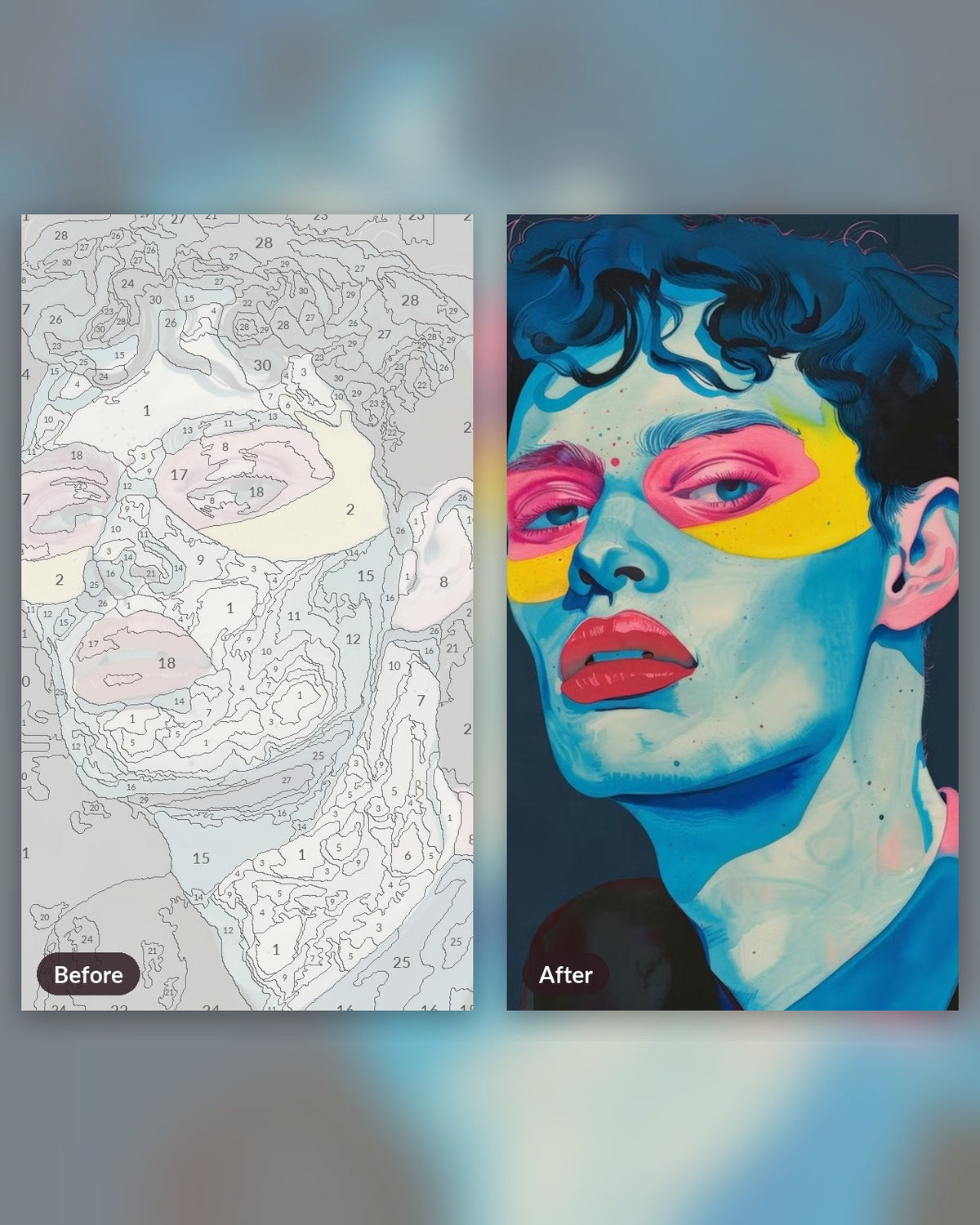 Young Face paint by numbers kit, before and after