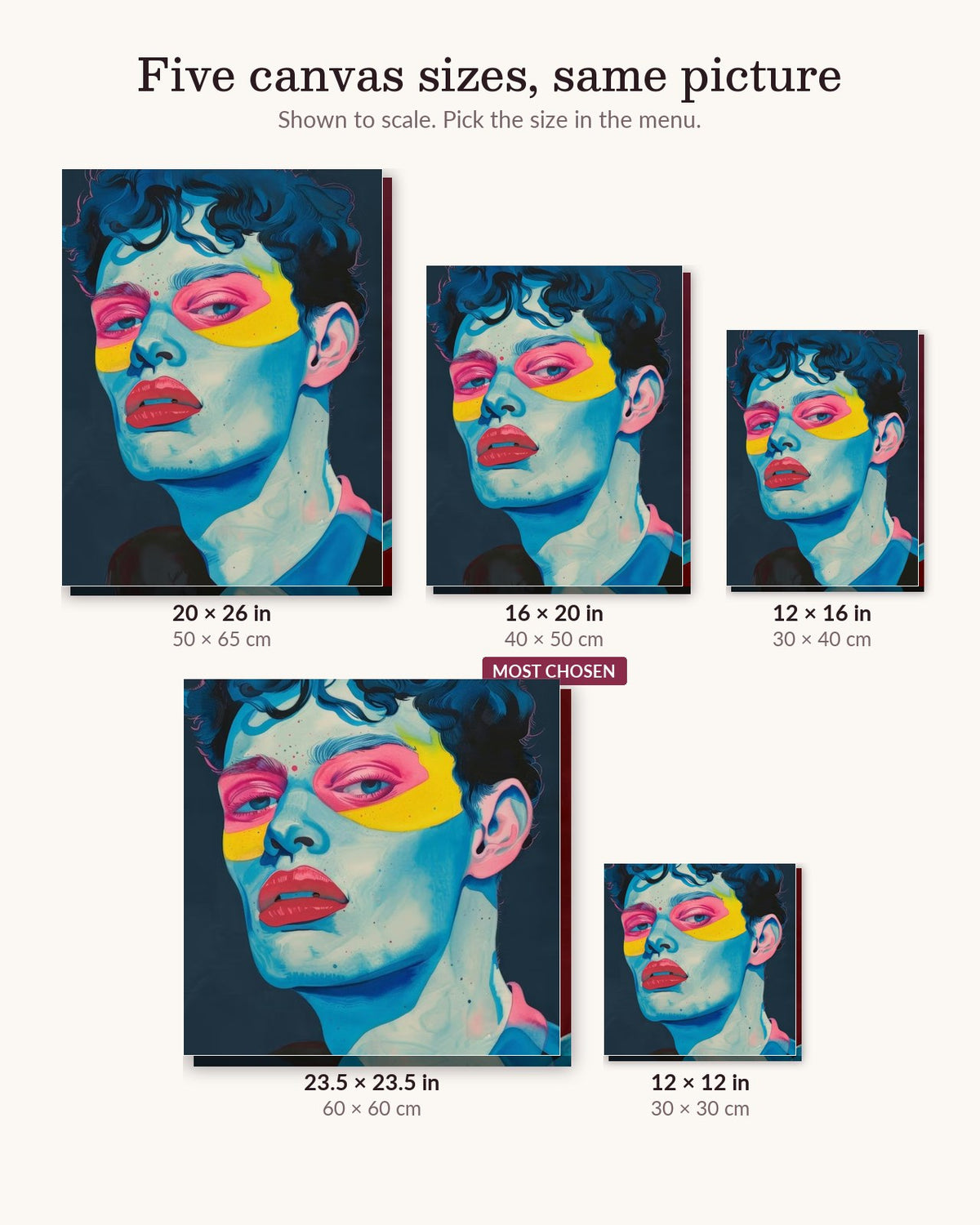 Young Face canvas sizes from 12 x 12 to 23.5 x 23.5 inches