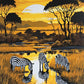 three zebras drinking at a watering hole with golden grass, acacia trees and a sunset, paint by numbers kit