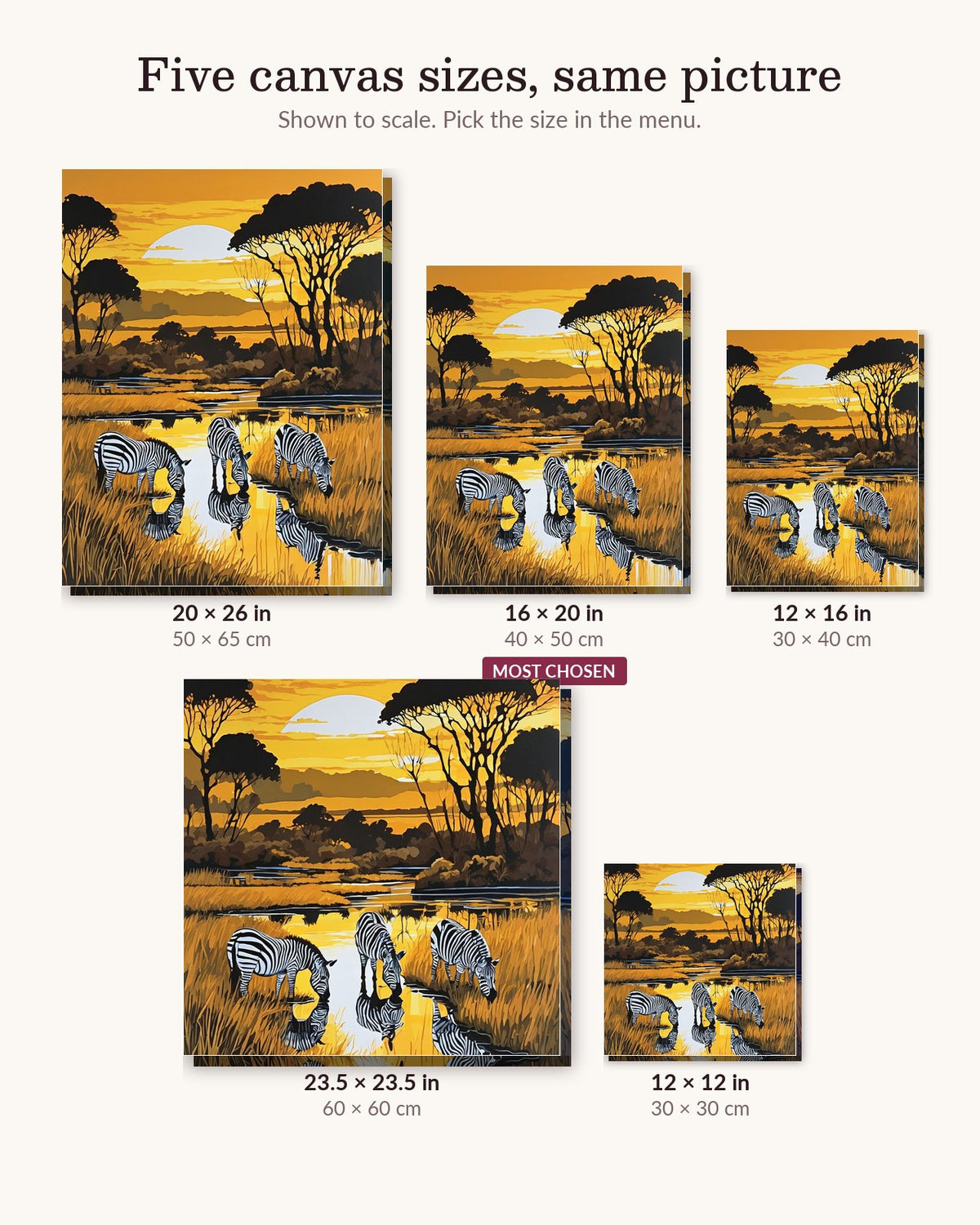 Zebras at the Watering Hole canvas sizes from 12 x 12 to 23.5 x 23.5 inches