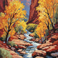 golden autumn poplar trees along a rocky river in a red cliff canyon, paint by numbers kit
