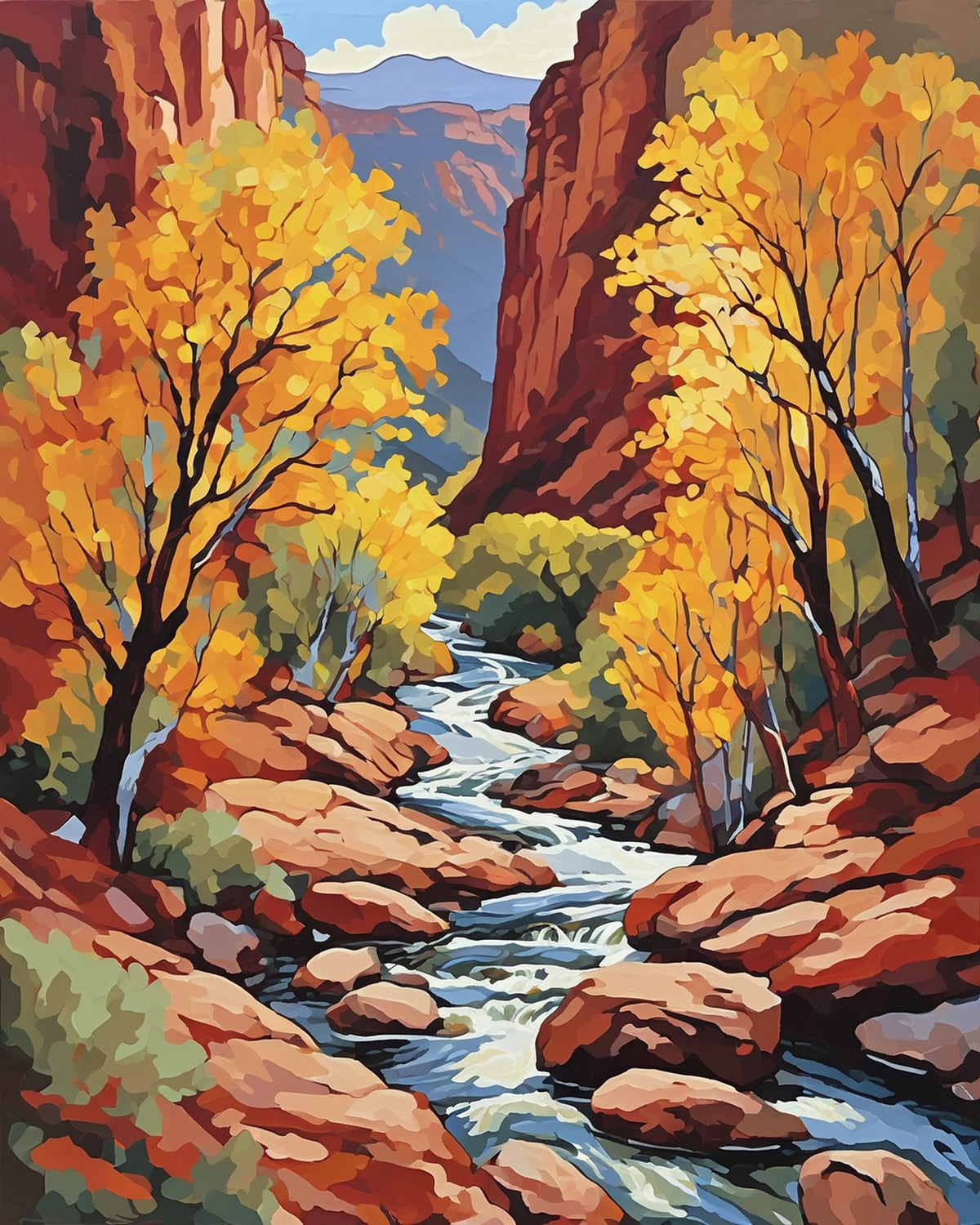 golden autumn poplar trees along a rocky river in a red cliff canyon, paint by numbers kit
