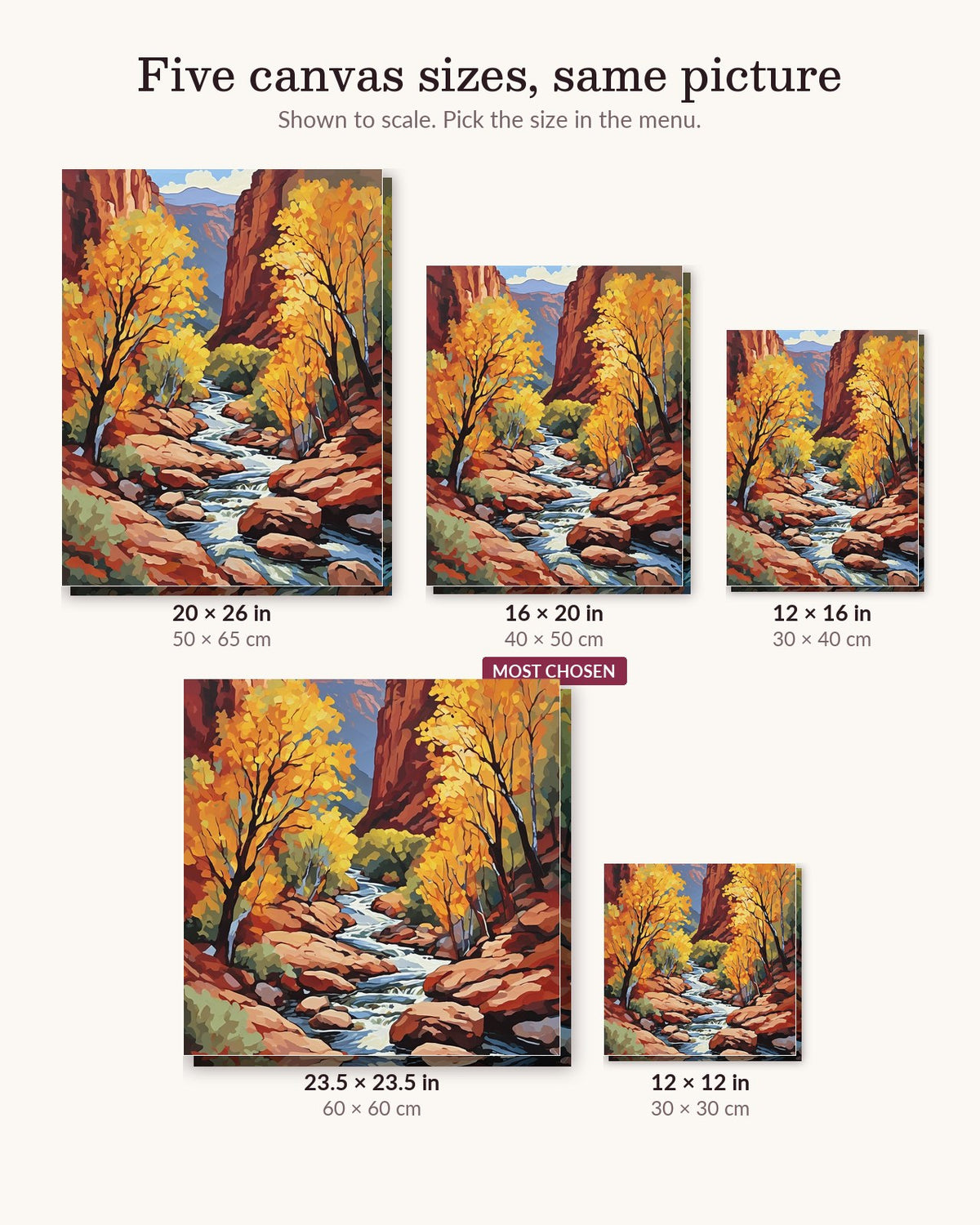 Zion Canyon River in Autumn canvas sizes from 12 x 12 to 23.5 x 23.5 inches